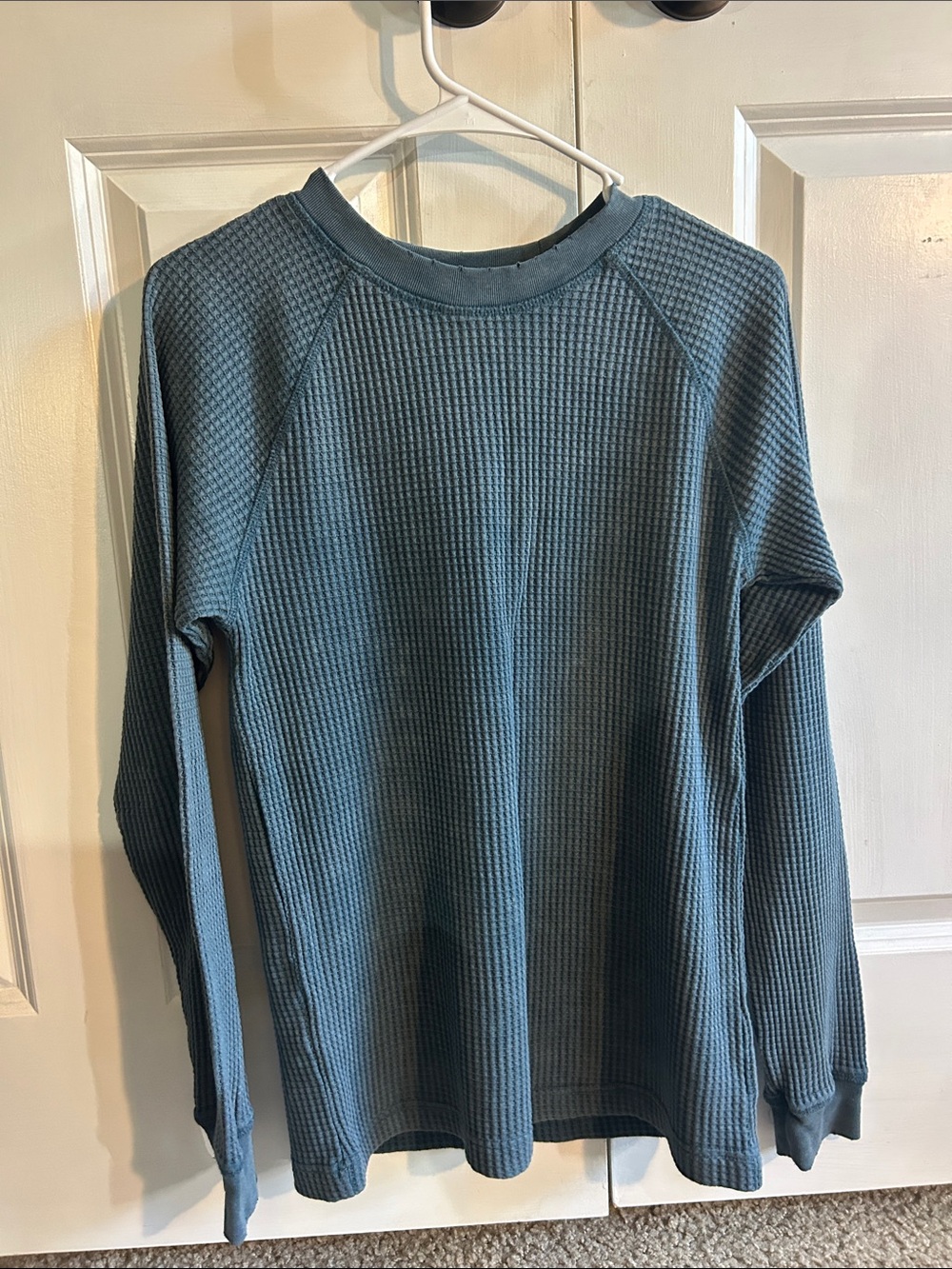No Boundaries Waffle-knit Long Sleeve Top in Dusty Teal